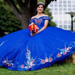 Koningsblauw Mexicaanse Quinceanera Jurk Charro Bloemen Kant Uit De Schouder Baljurken Prom Dress Formele Partij Vestidos