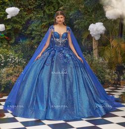 Blue Royal Mexicain Quinceanera Robes Bouille de bal chérie Sparkly perle Puffy Charro Sweet 16 Robes 15 Anos