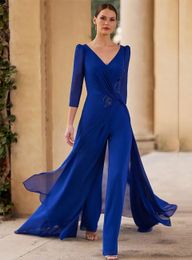 Royal Blue Mother of the Bride Dress Post Moeders jurken broek Formele applique aangepaste plus size nieuwe v-neck lange mouw chiffon