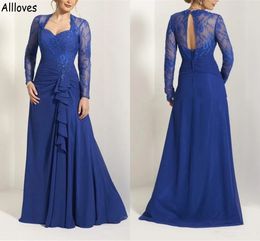 Royal Blue Mother of the Bride kleedt een lijn met lange mouwen Chiffon Lace kralen formele bruidegom moeders jurken voor trouwfeest plus size dames avondjurken CL1487