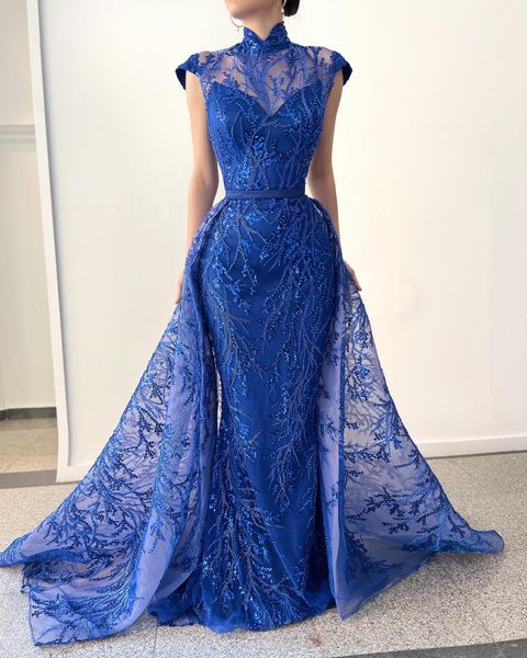 Bleu royal mère de la mariée robes perles paillettes robe de soirée avec surjupes col transparent haute formelle vêtements de mère