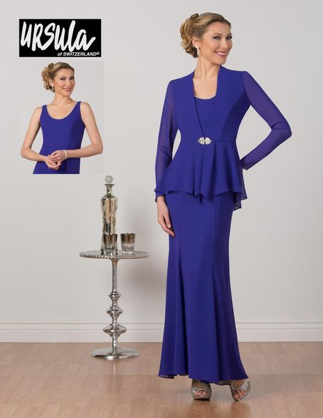 Bleu royal mère de la mariée robes avec veste bijou cou perles femmes tenue à manches longues en mousseline de soie robes d'invité de mariage robe de bal fête