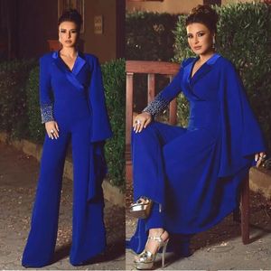 Royal Blue Mother of the Bride Pant Suits Peak Peak Rapel lange mouw jumpsuits kralen avondjurken plus size bruiloft Guest Dressine