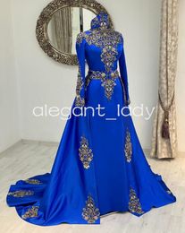 Caftán musulmán azul real, vestidos formales de noche, Apliques de encaje de lujo con cuentas, vestido de fiesta marroquí de Henna