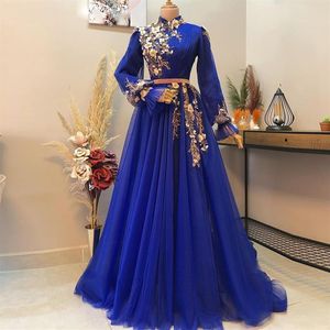 Robes de soirée musulmanes bleu royal 2022 appliques perlées robe formelle froncée col haut manches longues arabe Dubaï occasion spéciale P258Y