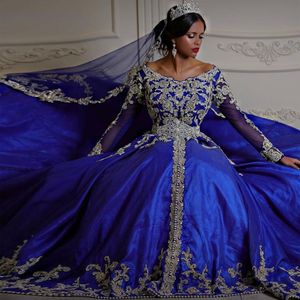 Royal Blue Moslim Trouwjurken Lange Mouw V Applicaties Bruidsjurken Luxe Beaded Een lijn Turkije De Soirée de Mariage