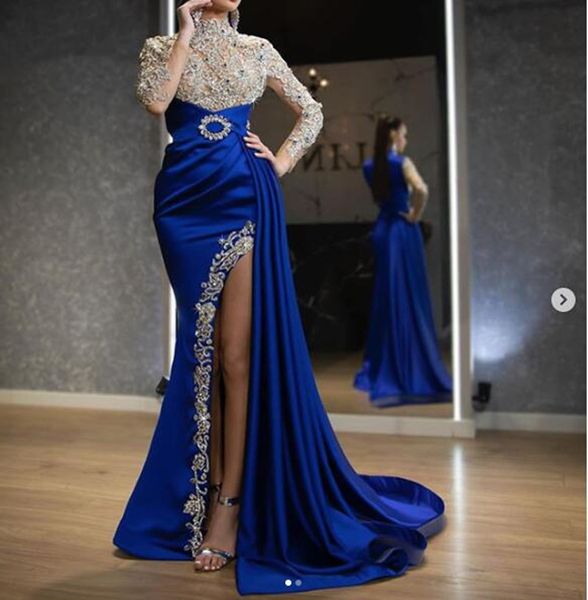 Royal Blue mousseline robes de soirée indiennes 2020 luxe brillant dentelle perlée col haut sexy fente à manches longues sirène robe de bal avec Sid230c