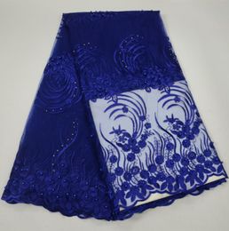 Royal Blue Net Frans kant Materiaal Hoogwaardige Franse Netto Afrikaanse kantstof met kralen Nigeriaanse bruiloft Afrikaan 309175636