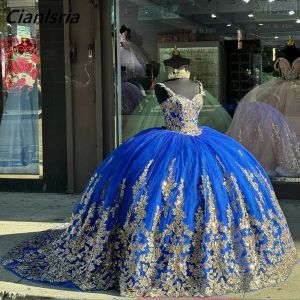Royal Blue van de schouderbal jurk Quinceanera jurken gouden appliques kanten korset Vestidos de 15 anos