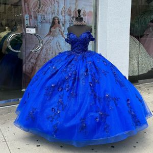 Blue Royal Off the Shoulder Quinceanera Dress Lace Appliques Sequins Beading Tull Mexican Sweet 16 Vestidos de XV 15 Anos Cumpleaños