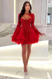 Fashion Lovely Red Long Sleeves Lace A Line Cocktail Dreses Crew Neck Tulle Applique Beaded Knee Length Homecoming Dresses Stylish Short Prom Dresses BC16956 0517