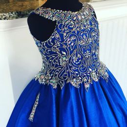 Royal Blue Pageant -jurk voor tieners Juniors 2021 Rhinestones Crystals Long Pageant Jurk voor Little Girl Zipper formeel feest Rosie Pocket 2645
