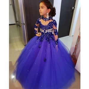 Royal Blue Pageant lange mouwen Crystal kralen hoge nek kinderen prom jurken jurkenjurken voor kleine meisjes