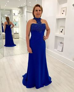 Royal Blue Plus Size Mermaid Avondjurken Pailletten High Collar Formele Dames Prom Glozen Vestidos de Novia