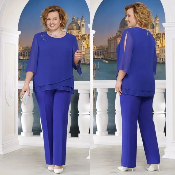 Bleu Royal grande taille mères pantalons costumes perlé bijou cou manches longues pantalons pour mariage en mousseline de soie marié mère tenue