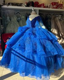 Robe de bal princesse bleu royal robes de quinceanera de fleurs épaules fleurs appliques en dentelle cristaux perles sweet 16 robe