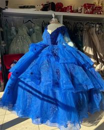 Royal Blue Princess Ball Jurk Quinceanera Dress Off Shoulder Flowers Lace Appliques Kristallen kralen Zoete jurk