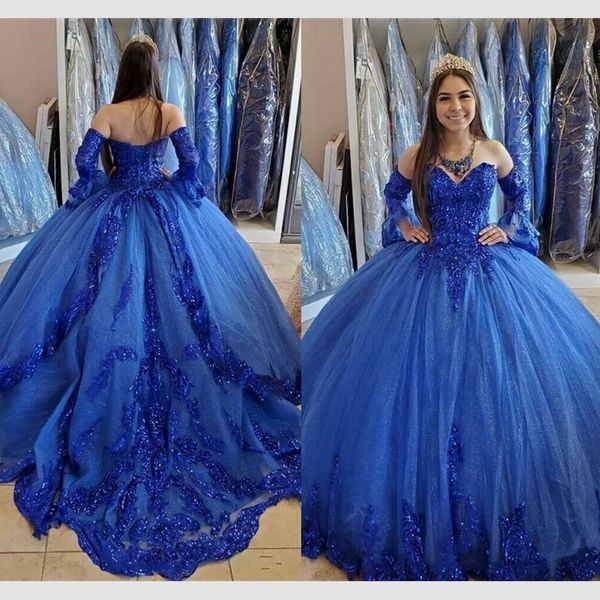 Robes de princesse bleu royal Quinceanera en dentelle avec des appliques perlées, chérie, robes de bal de 16 ans