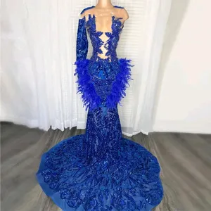 Vestido de fiesta azul real para niñas negras, vestidos de fiesta de cumpleaños con lentejuelas y cuentas, traje de noche con plumas