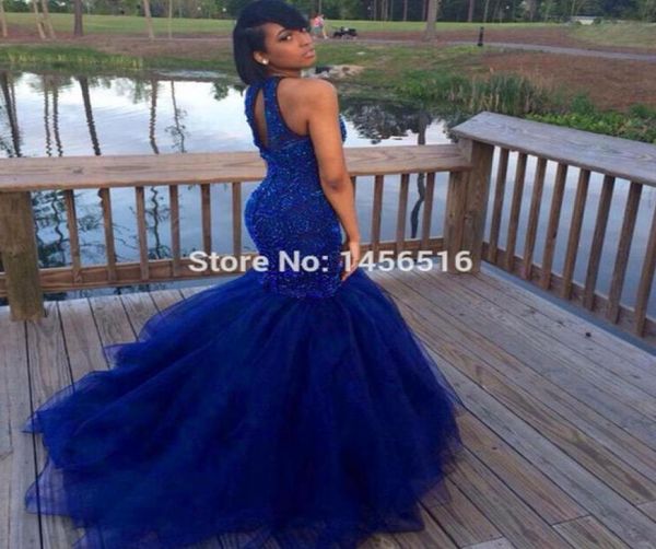 Royal Blue Prom Dresses 2018 Sexy Back Mermaid Style Beadings Hard Fiest Party Vestidos enteros Vestido de Festa para Women2853240