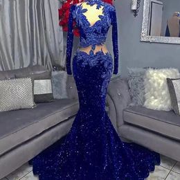 Royal Blue Prom Dresses 2022 Black Girls Lentejuelas ver a través de manga larga Africana Formal noche compromiso Mermiad Party Dress C0421