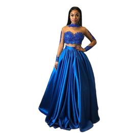 Royal Blue Prom Dresses 2022 Dos piezas de manga larga Formal Evening Party Floor-Longitud Apliques Vestidos