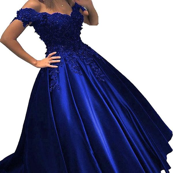 Robes de bal bleu royal robe de bal hors de l'épaule dentelle 3D fleurs corset perlé dos satin soirée robe formelle gowns270u