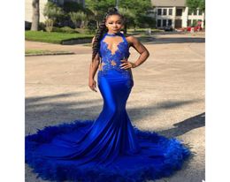 Royal Blue Prom -jurken Illusie Sexy Black Girl Lace Feather Court Train Lange Mermaid Speciale gelegenheid Evenningsjurken Formele WEA1755222222