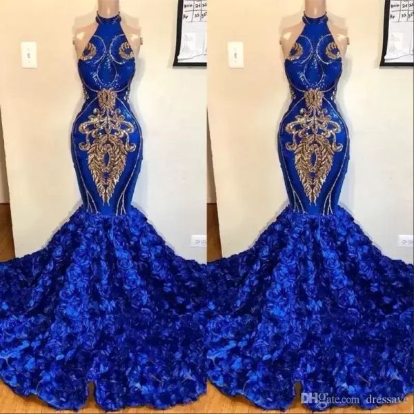 Royal Blue Robes De Bal Sirène Sexy Halter Fleurs Sur Mesure Or Dentelle Applique Longueur De Plancher Satin Graduation Party Robe De Bal Robe De Soirée Vestidos 2022 Designer