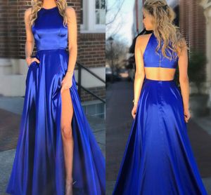 Royal Blue Prom Dresses With Pockets High Neck Sexy Side Split Avondjurk Party Formele Jurken Sweet 16 Jurk Meisjes 2019