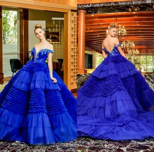 Royal Blue Puffy Ball Toga Quinceanera Jurken Sexy Off Shoulder 3D Bloem Kant Applicaties Prom Dress Illusion Tule Vestidos de Quinceañera