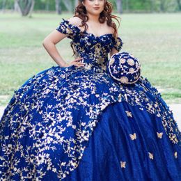Blue Royal Puffy Princess Quinceanera Robes 2024 Off épaule 3d Floral Bow Gillter Sequins Lace-Up Corset Vestidos 15 Anos Rosa