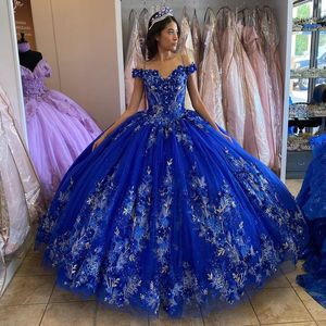 Royal Blue Quinceanera Dresses Ball Jurk lovert lovertjes van de schouderhandgemaakte bloemen Crystal Corset Sweet 15 Party Wear