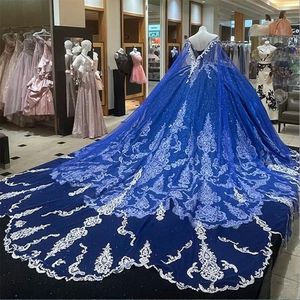 Koningsblauw Quinceanera Jurken Kathedraal Trein Prom Afstuderen Toga Met Cape Lace Up Prinses Kralen Zoete 15 16 Jurk Gewaad