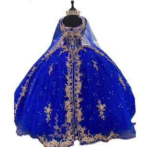Robes de Quinceanera bleu royal appliques or motif étoile étincelante douce 15 filles robe de bal robe de bal avec cape