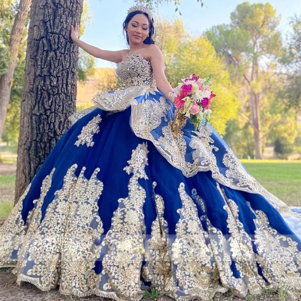 Robes De Quinceanera bleu Royal, avec Appliques dorées, paillettes, robe De bal douce, 16 perles en cœur, robes De 15 ans, 326 326