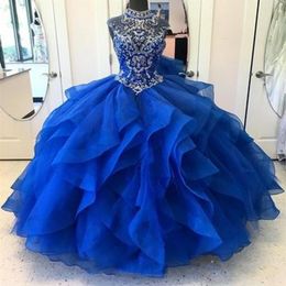 Vestidos de quinceañera azul real cuello alto con cuentas de cristal corpiño corsé Organza vestido de baile en capas princesa vestido de graduación Lace-up238G