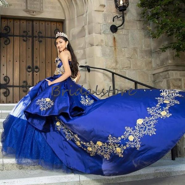 Royal Blue Quinceanera Robes Mexicain 2020 Chérie Robe De Bal Robe De Bal Avec Des Appliques D'or Corset Top Sweet 16 Robe De Bal v285k