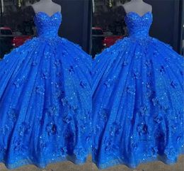 Royal Blue Quinceanera jurken pailletten kralen sweetheart halslijn met handgemaakte bloemen tule zoet 16 optocht baljurk op maat gemaakte formele ocn vestidos 0509