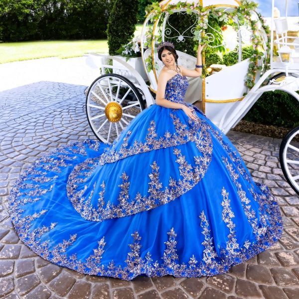 Robes De Quinceanera bleu Royal chérie Tulle Appliques mexicain doux 16 robe fête d'anniversaire robes De bal robes De Gala