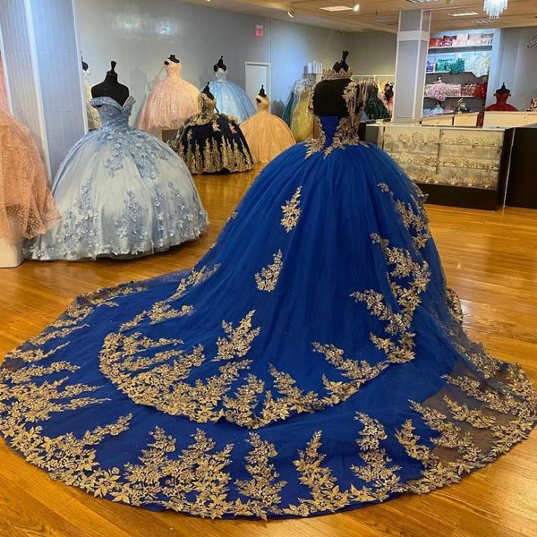 Robes de quinceanera bleu royal Sweety 16 Girl Appliques perles Princesse Birthday Lacet-Up Corset Prom Robe Vestido de 15 Anos Quincean 257X