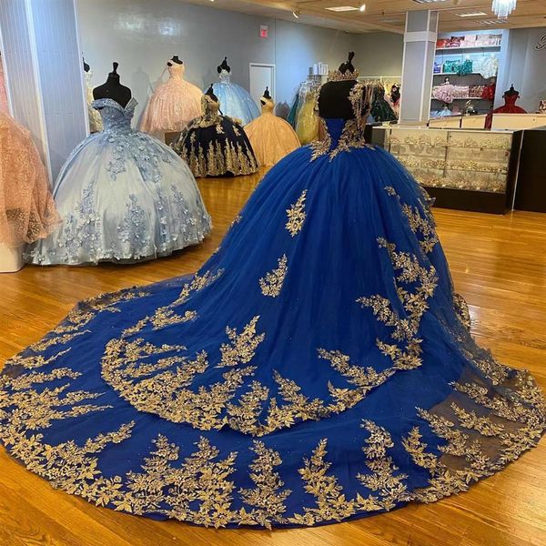 Royal Blue Quinceanera Dresses sweety 16 Girl Apliques Rebordear Princesa Cumpleaños corsé con cordones Vestido de fiesta vestido de 15 anos qui293g