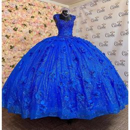 Royal Blue Quinceanera-jurken met 3D bloemen applique off schouder veter-up korset terug prom sweet 16 jurk gewaad de