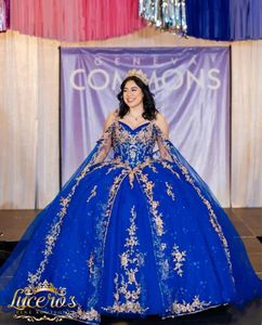 Robes de quinceanera bleu royal avec robe de bal Cape Spaghetti appliques en dentelle perle enrichie seize robes de fête de bal