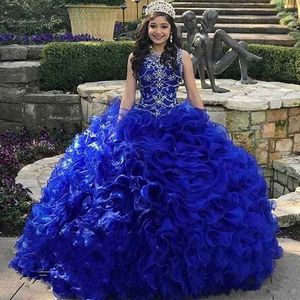 Robes de Quinceanera bleu royal avec des perles de cristal sans manches en organza à volants robe de bal robes de bal 2020 occasion spéciale robe douce 16