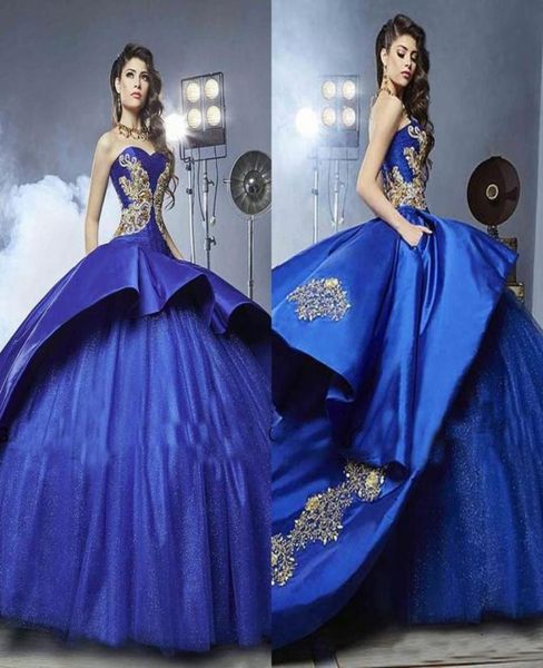 Vestidos de quinceanera azul real con bordado dorado Peplum Vestido de pelota Masquerada Sweety 16 Girls Prom Dress8324926