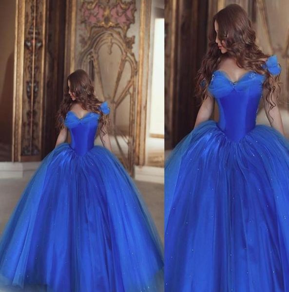 Bleu Royal Quinceanera robes de bal 2022 longue col en V froncé doux 16 filles robe de soirée Organza grande taille à lacets dos 4398679