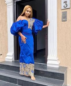 Robes de soirée sexy nigérianes bleu royal sur l'épaule manches bouffantes dentelle dorée robes de soirée de bal de célébrités africaines arabes formelles