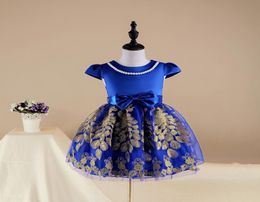 Royal Blue Red Short Flower Girl Dresses Barato En stock Princesa Gold Peacock Apliques de encaje Mangas casquillo Niños Niño Cumpleaños Par8631677