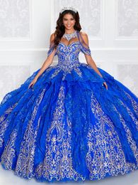 Koningsblauw Ruches Rok Quinceanera Jurken Halter Off Shoulder Goud Applique Corset vestidos de 15 anos quinceaneras 2023 azul